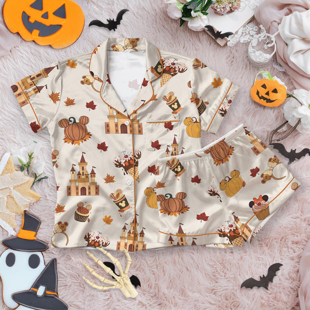 Disney Autumn Pumpkin Satin Pajamas Set, Disney Cute Fall Bow Sleepwear, WDW Family Matching Set, Disney Halloween Gift