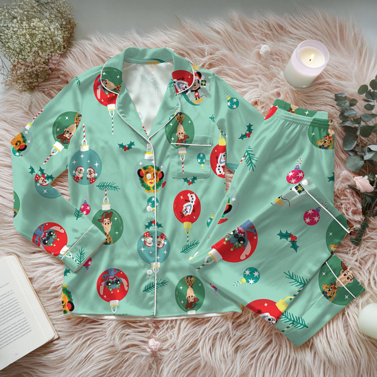 Disney Christmas Ornament Ball Satin Pajamas Set, Disney character Sleepwear, Very Merry Xmas Holiday Pajamas, Disney Sleepwear