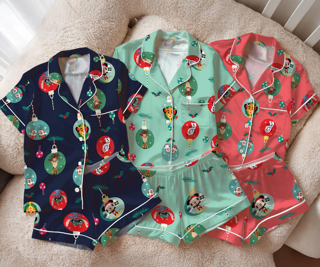 Disney Christmas Ornament Ball Satin Pajamas Set, Disney character Sleepwear, Very Merry Xmas Holiday Pajamas, Disney Sleepwear
