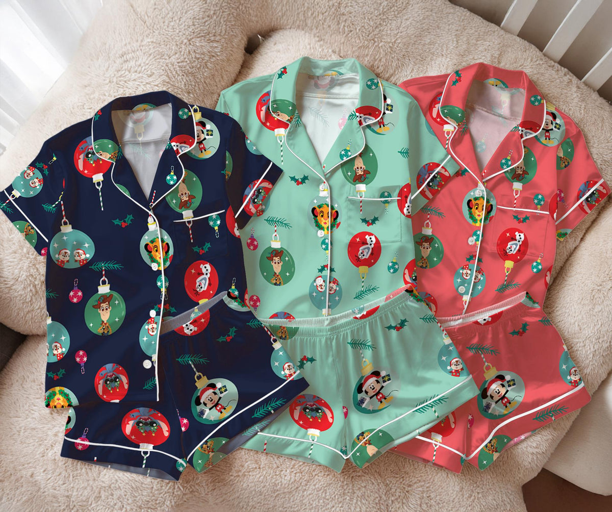 Disney Christmas Ornament Ball Satin Pajamas Set, Disney character Sleepwear, Very Merry Xmas Holiday Pajamas, Disney Sleepwear