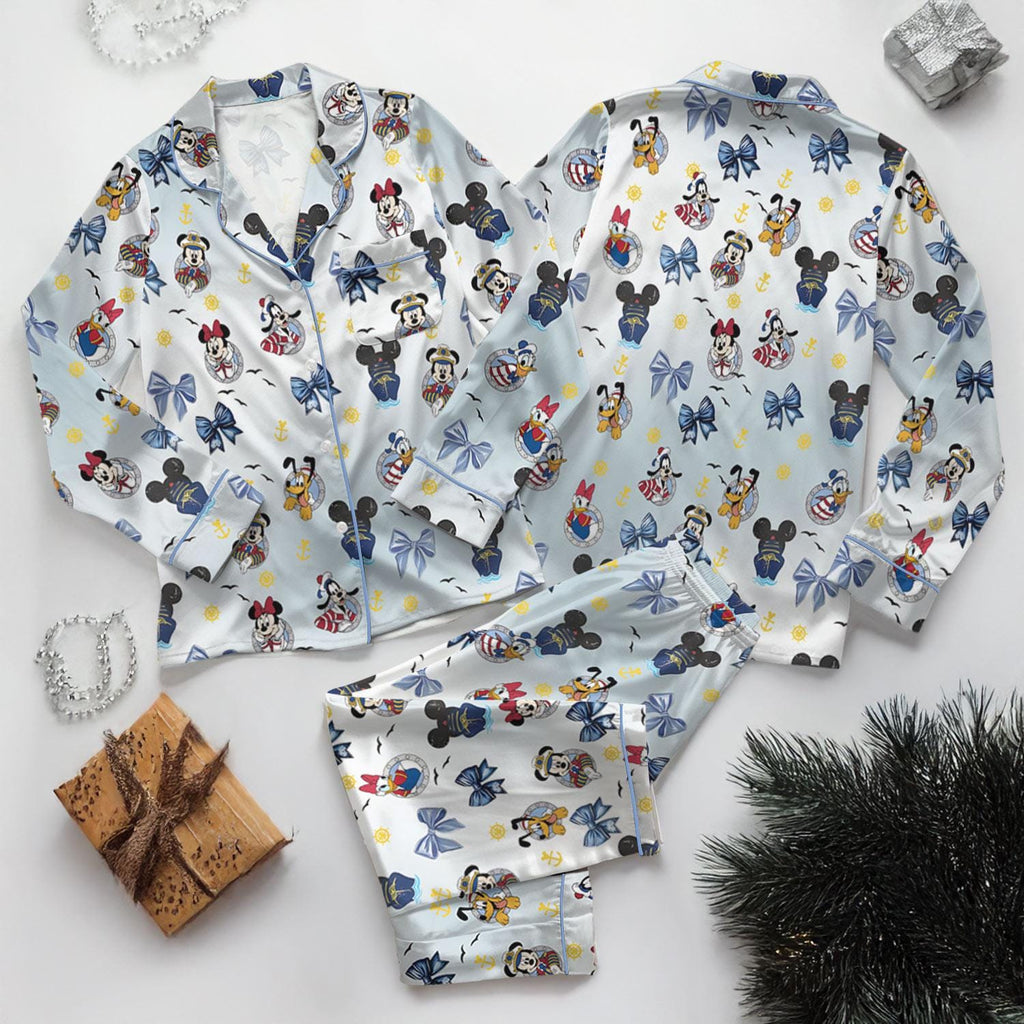 Disney Cruise Satin Pajamas Set, Disney Summer Cruise Pajama, Disney Lovers Loungewear, Coquette bow Disney Cruise Pajamas Set