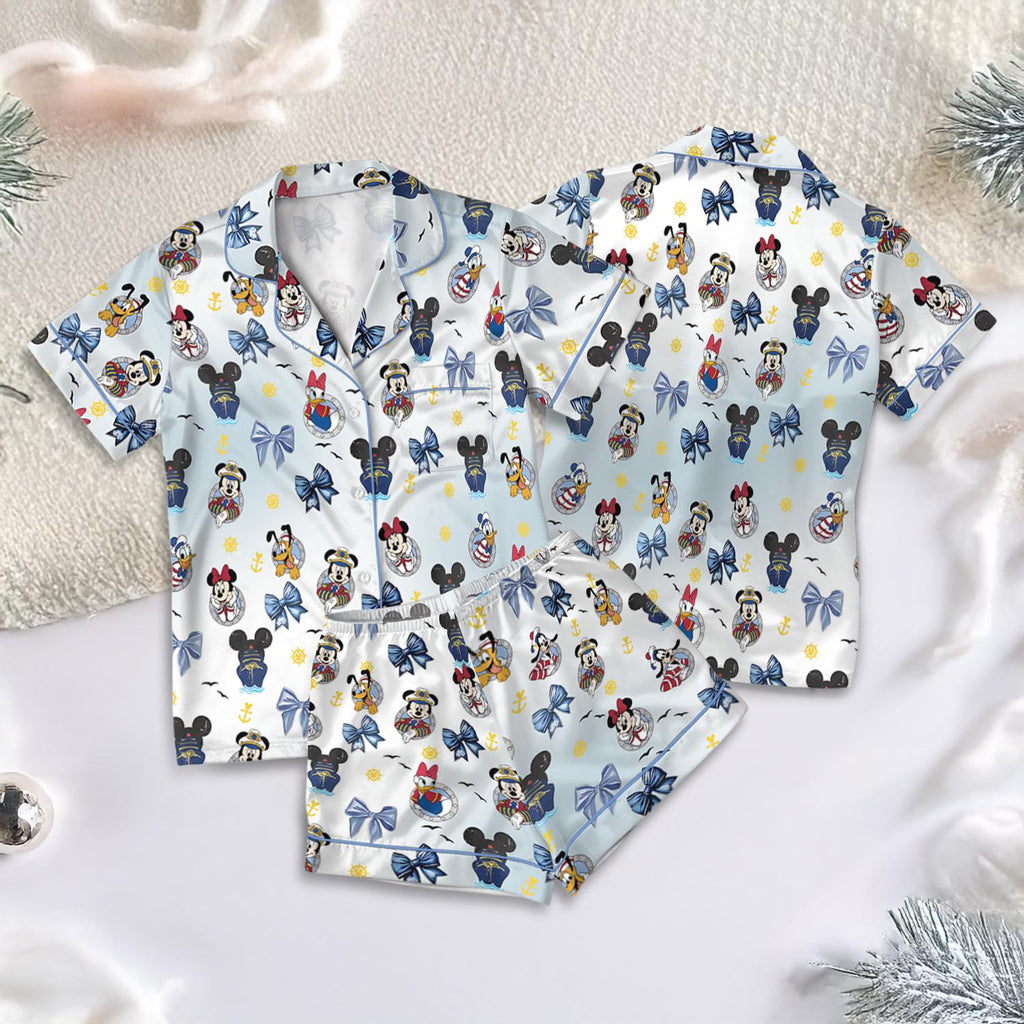 Disney Cruise Satin Pajamas Set, Disney Summer Cruise Pajama, Disney Lovers Loungewear, Coquette bow Disney Cruise Pajamas Set