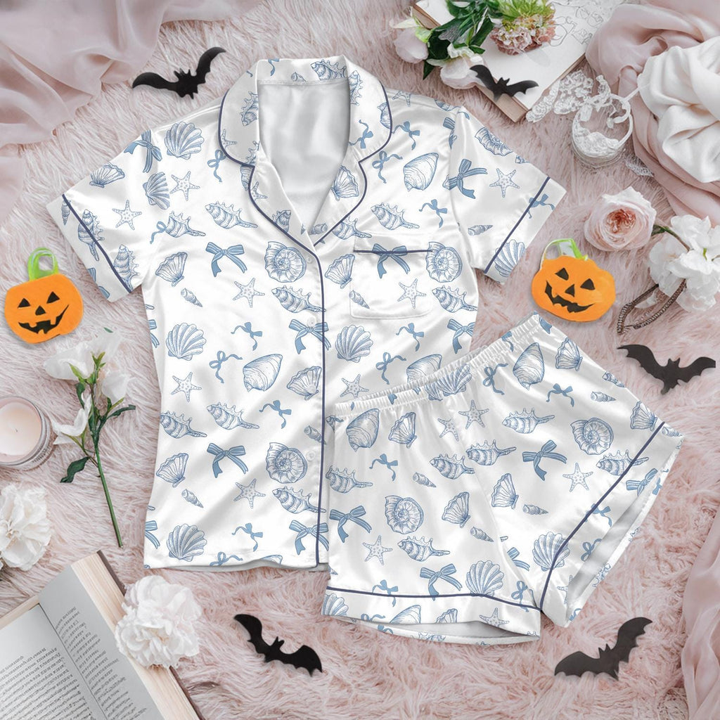 Ocean Life Satin Pajamas Set, Sea Shells and Ocean Satin Pajamas, Nautical Sleepwear for Women, Blue Shell Print Matching pajamas Set
