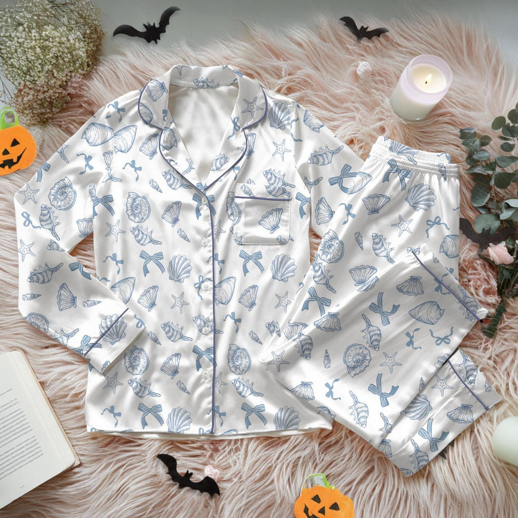 Ocean Life Satin Pajamas Set, Sea Shells and Ocean Satin Pajamas, Nautical Sleepwear for Women, Blue Shell Print Matching pajamas Set