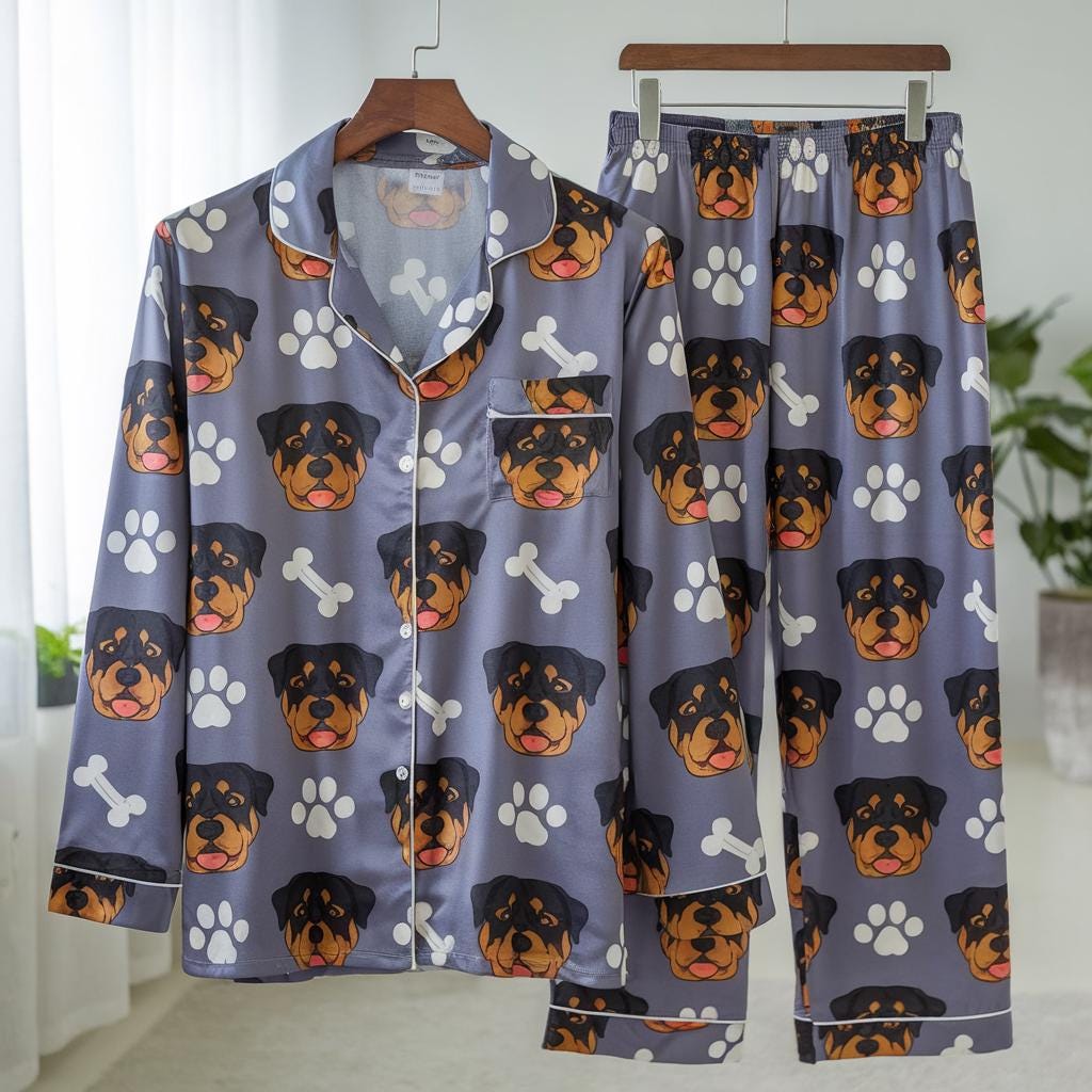 Personalized Dog Pet Face Satin Pajamas Set, Custom Pet Face Pajamas, Pet Portrait Pajamas Set, Custom Cat Photo Pajamas, Pet Photo Pajamas