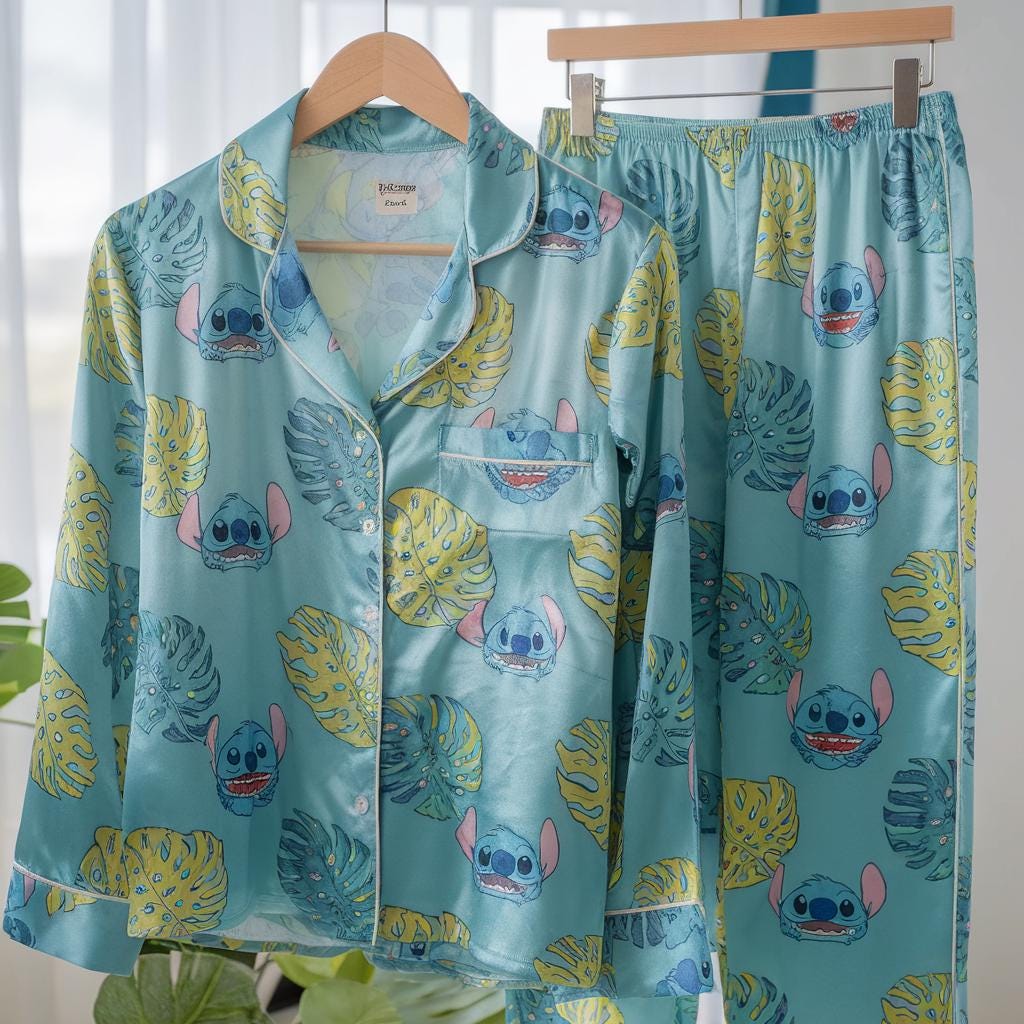Disney Stitch Satin Pajamas Set, Tropical Stitch Pajamas, Disneyland Family Trip Pajamas, Magic Kingdom Pajamas, Disney Matching Pajamas Set