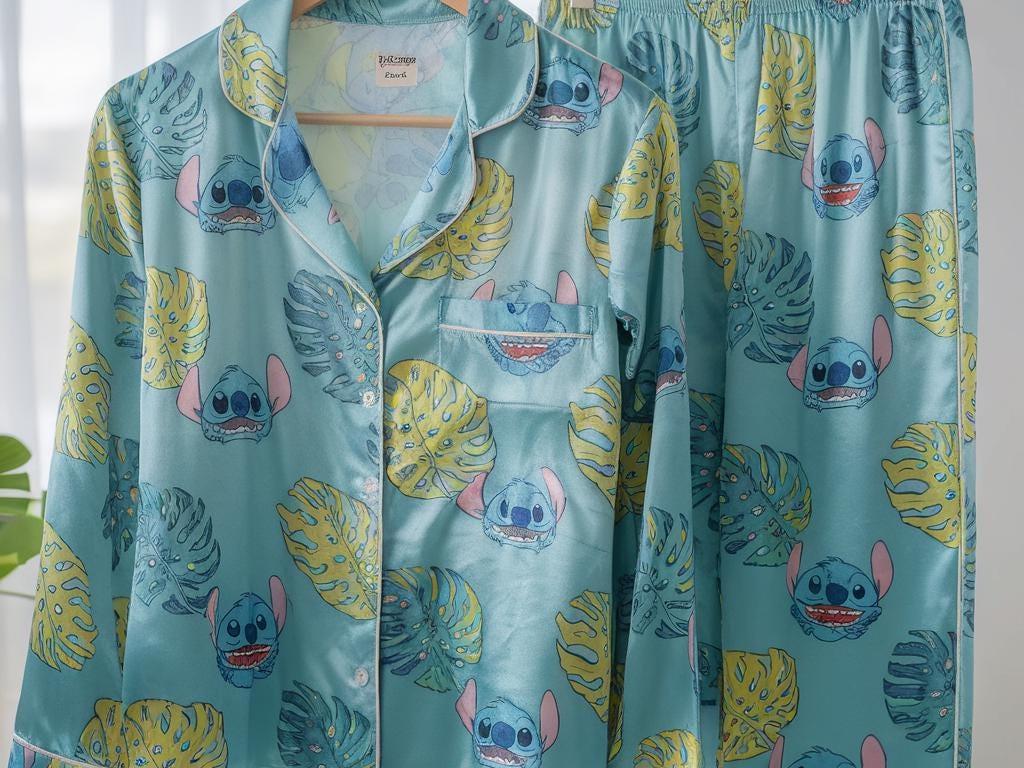 Disney Stitch Satin Pajamas Set, Tropical Stitch Pajamas, Disneyland Family Trip Pajamas, Magic Kingdom Pajamas, Disney Matching Pajamas Set