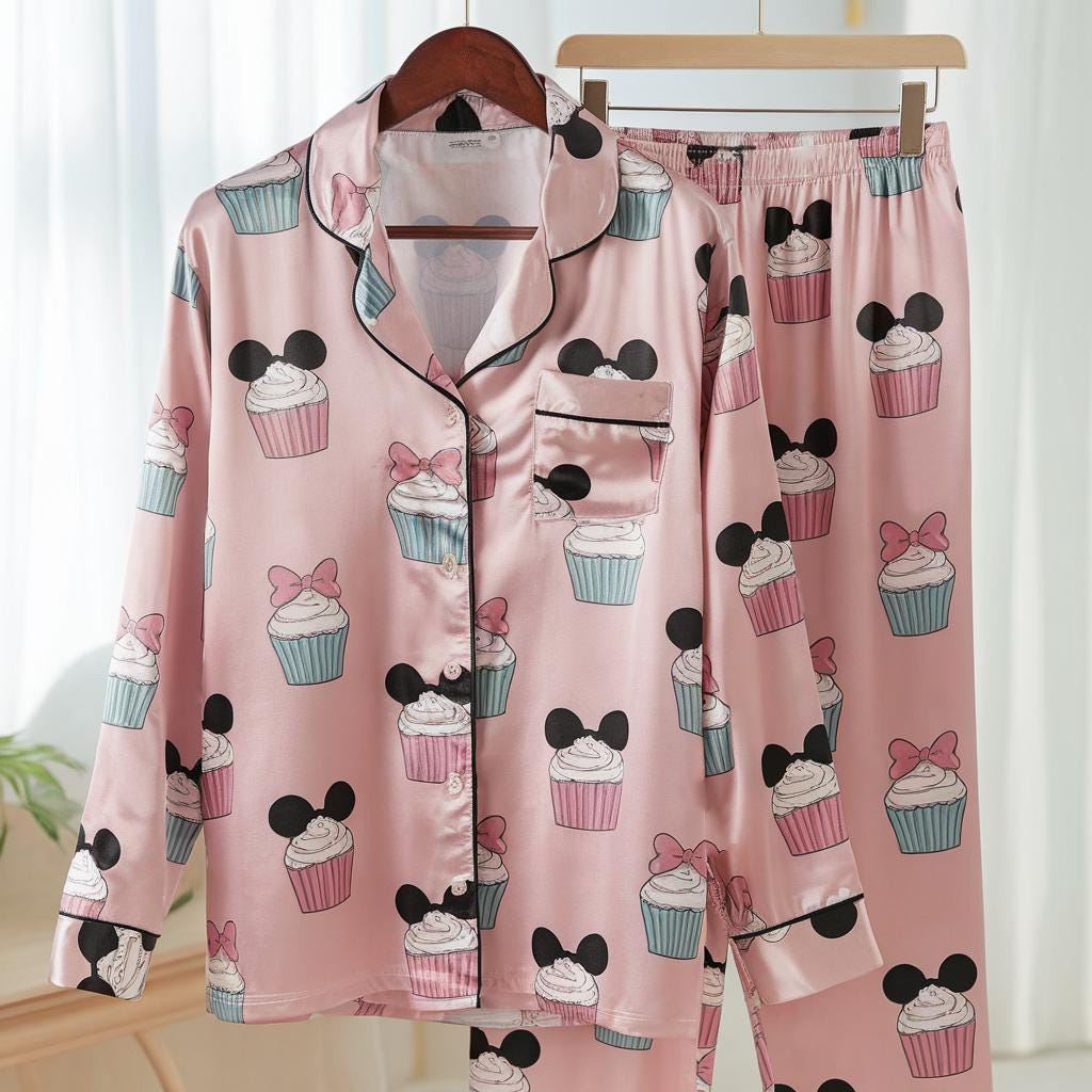 Mickey Mouse Christmas Cupcake Satin Pajamas Set, Christmas Pajamas, Very Merry Christmas Pjs, Disneyland Xmas Pajamas, Disneyu Cupcake Pjs