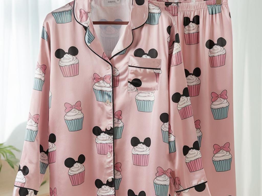 Mickey Mouse Christmas Cupcake Satin Pajamas Set, Christmas Pajamas, Very Merry Christmas Pjs, Disneyland Xmas Pajamas, Disneyu Cupcake Pjs