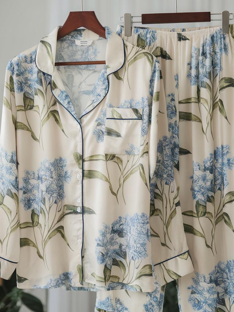 Blue Floral Print Satin Pajamas Set, Bridesmaid Pajamas, Bachelorette Party Pjs, Bride Pajamas, Misty Blossom Pajamas, Getting Ready Gifts