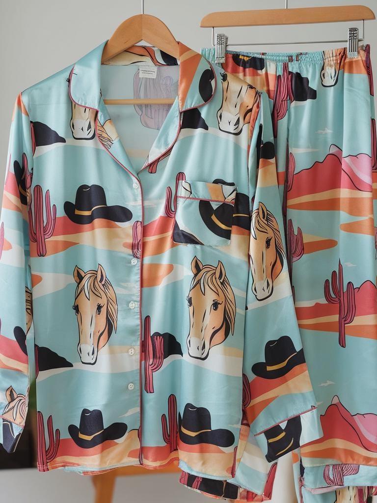 Sweet Cowgirl Satin Pajamas Set, Cowgirl Pajamas, Cowboots and Horse Pajamas, Western Pajamas, Cowboy Pajamas, Girly Matching Pajamas Set