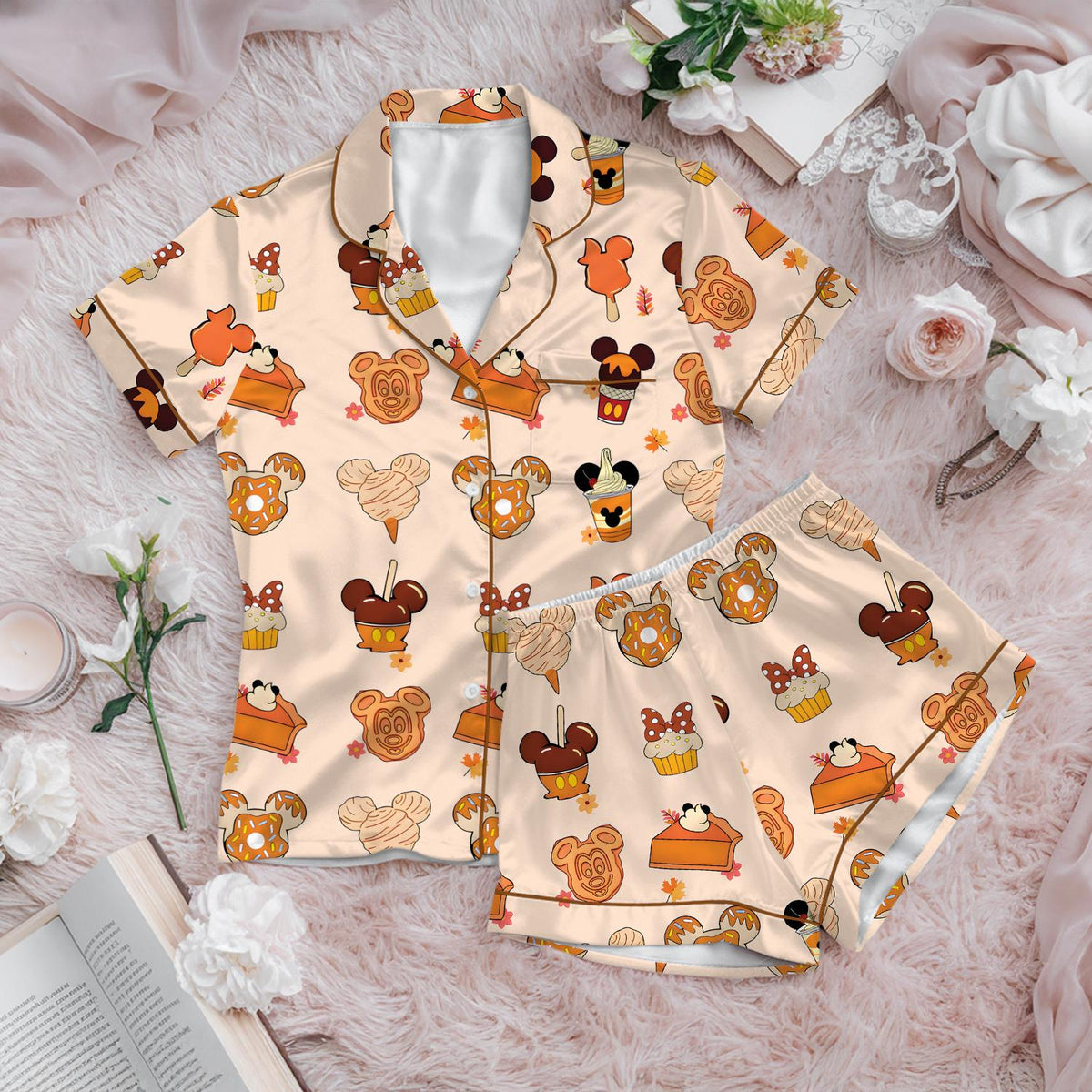Disney Fall Mickey Mouse Snacks Satin Pajamas Set, Disney Cute Fall Sleepwear, WDW Family Matching Set, Disney Halloween Gift