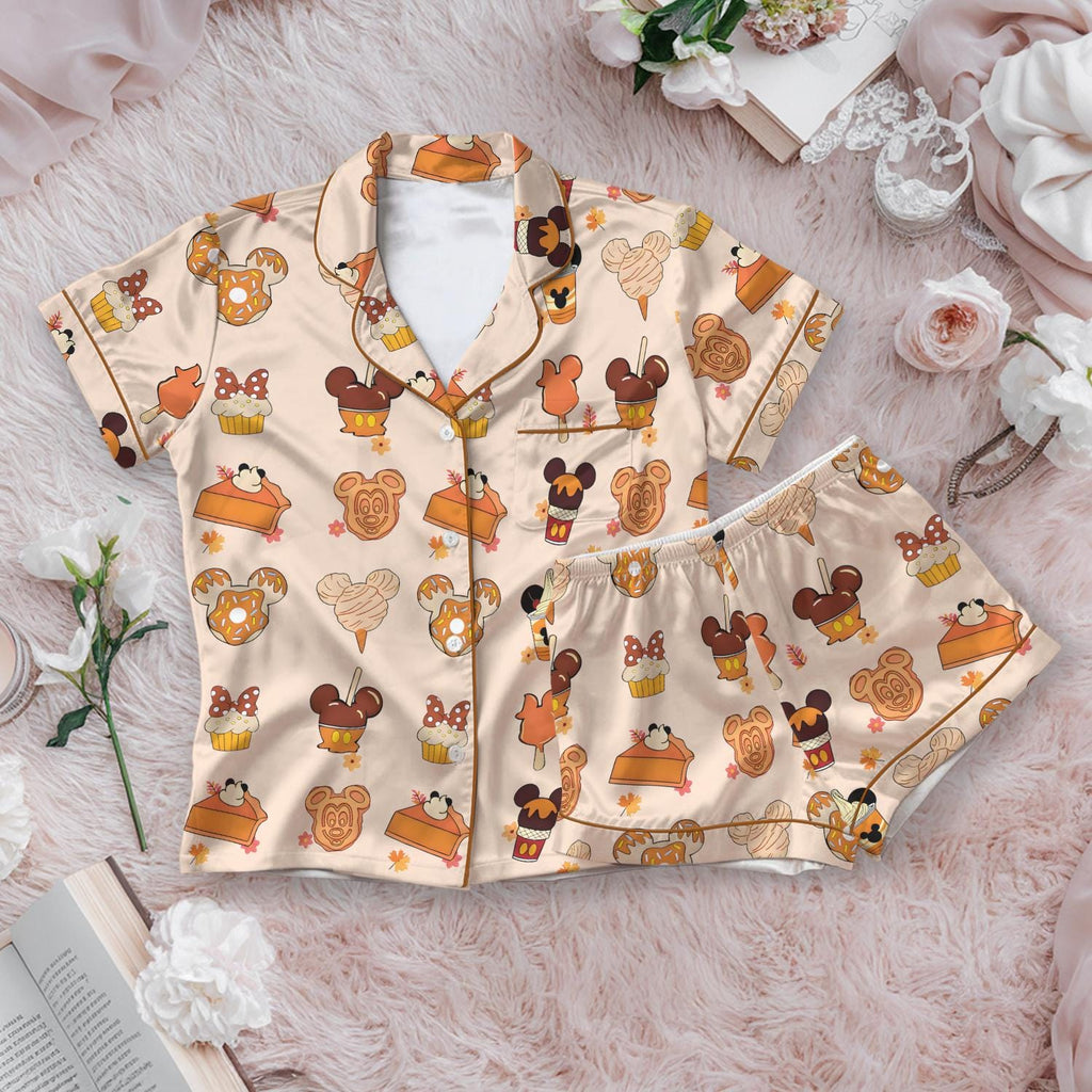 Disney Fall Mickey Mouse Snacks Satin Pajamas Set, Disney Cute Fall Sleepwear, WDW Family Matching Set, Disney Halloween Gift