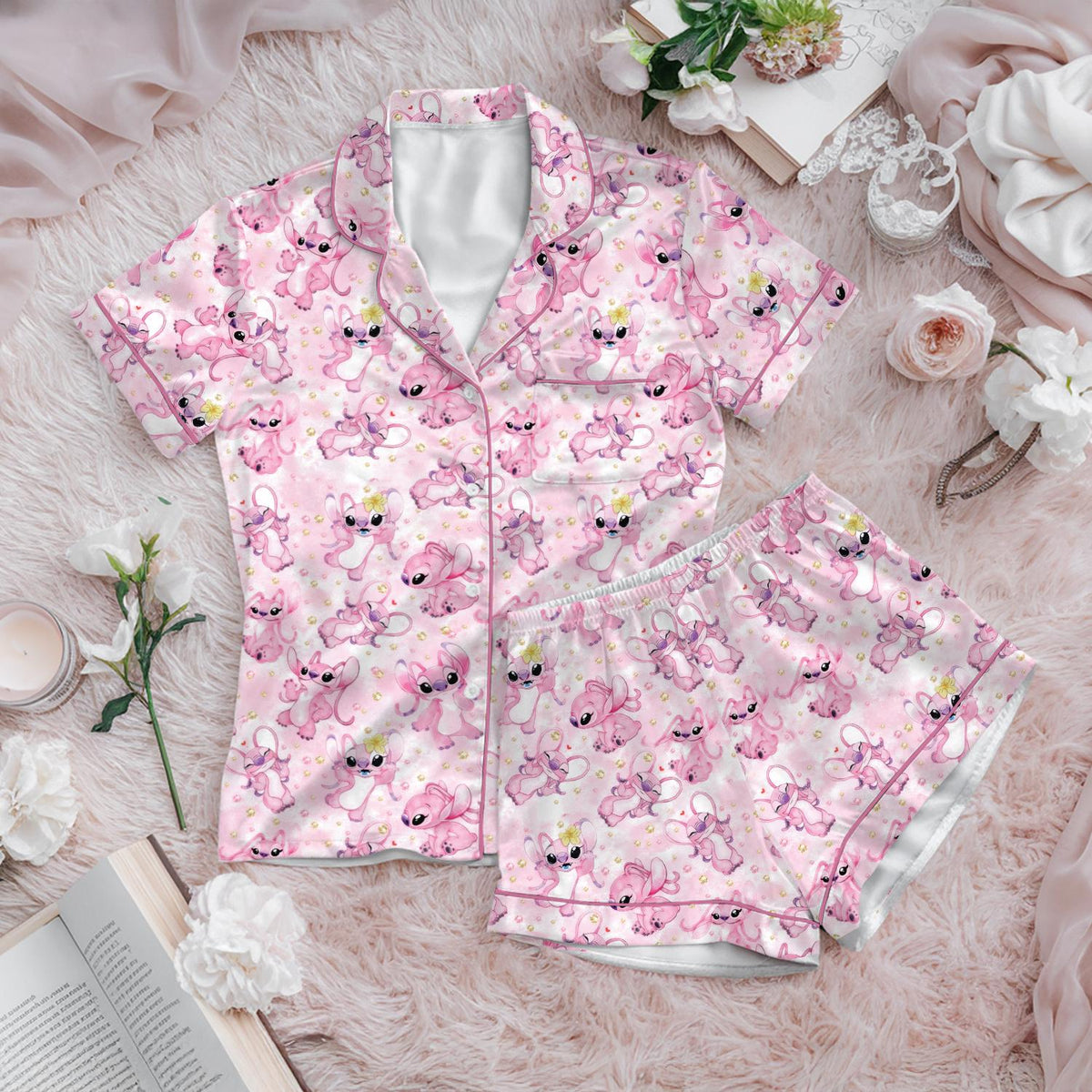 Disney Stitch Pajamas Set, Pink Angel Womens Pajamas, Stitch Angel Pajamas, Lilo and Stitch Pink Loungewear, Disney Honeymoon Gift