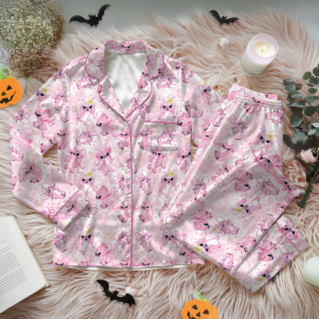 Disney Stitch Pajamas Set, Pink Angel Womens Pajamas, Stitch Angel Pajamas, Lilo and Stitch Pink Loungewear, Disney Honeymoon Gift