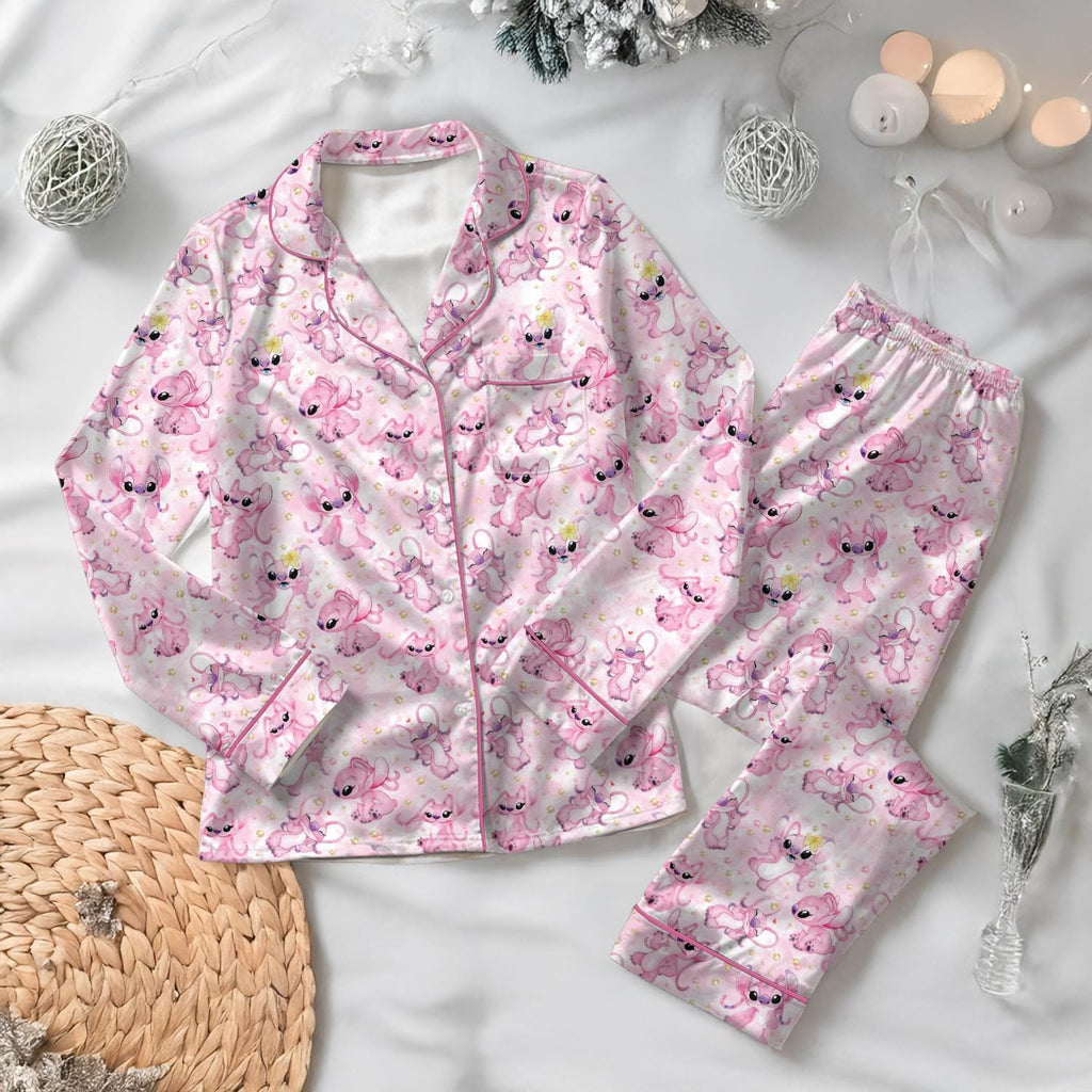 Disney Stitch Pajamas Set, Pink Angel Womens Pajamas, Stitch Angel Pajamas, Lilo and Stitch Pink Loungewear, Disney Honeymoon Gift