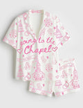 Women's Going To The Chapel Gonna Get Married Coquette Wedding Bride Short Sleeve Satin Pajama Set, Halloween Pajama Sleepwear Set for Her