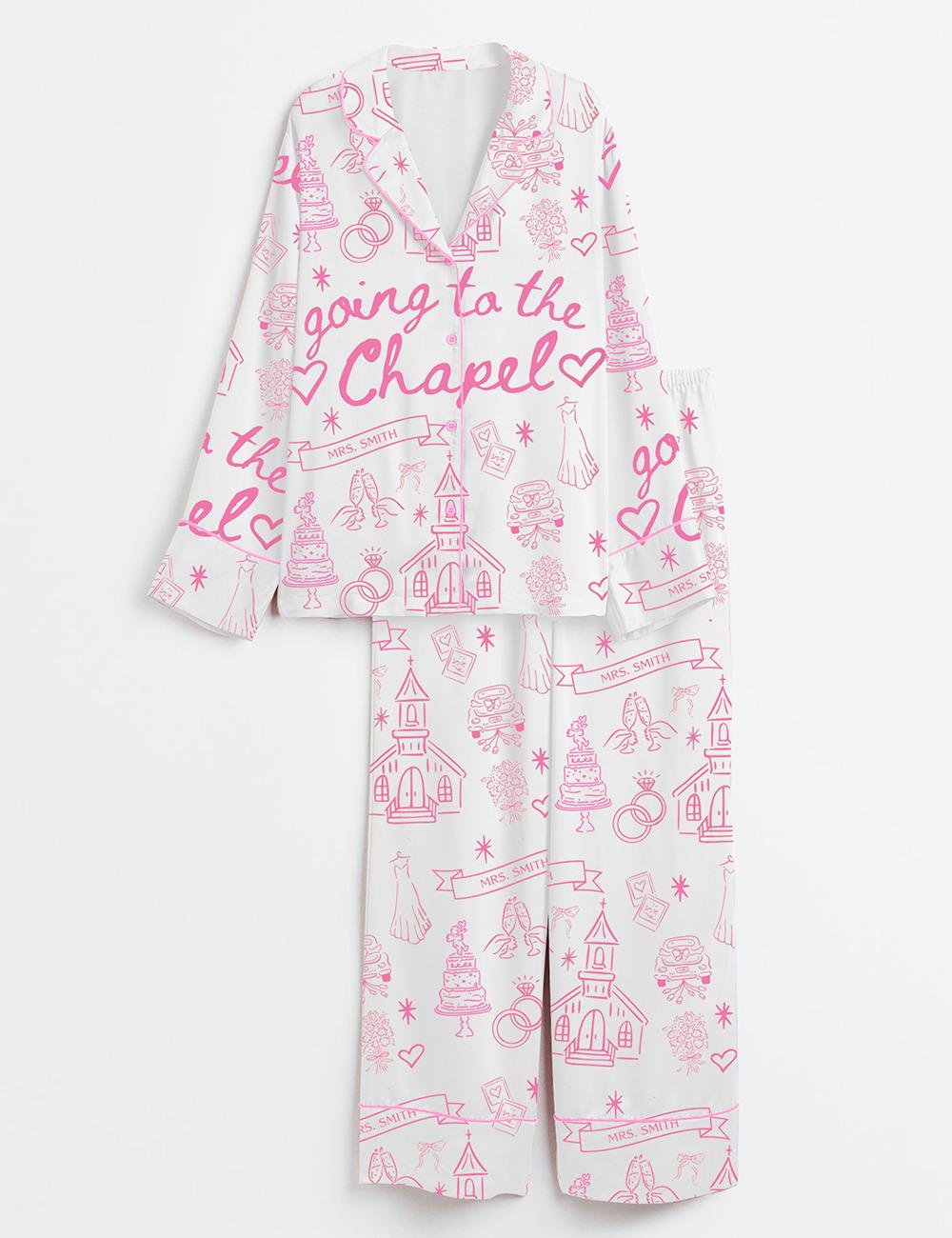 Women's Going To The Chapel Gonna Get Married Coquette Wedding Bride Short Sleeve Satin Pajama Set, Halloween Pajama Sleepwear Set for Her