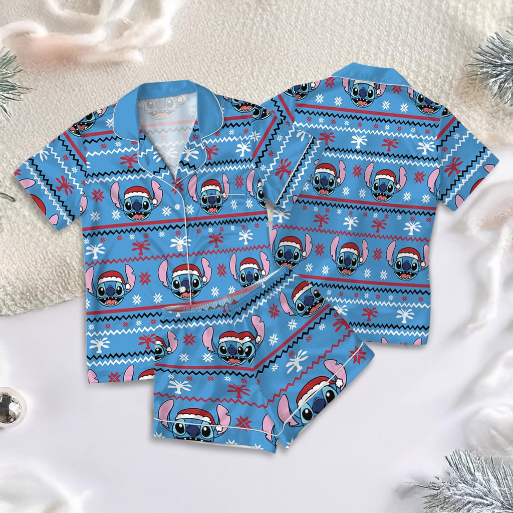 Disney Christmas Stitch Satin Pajamas Set, Ohana Means Family Pjs, Lilo And Stitch Sleepwear, Disney Cartoon Christmas Pajamas