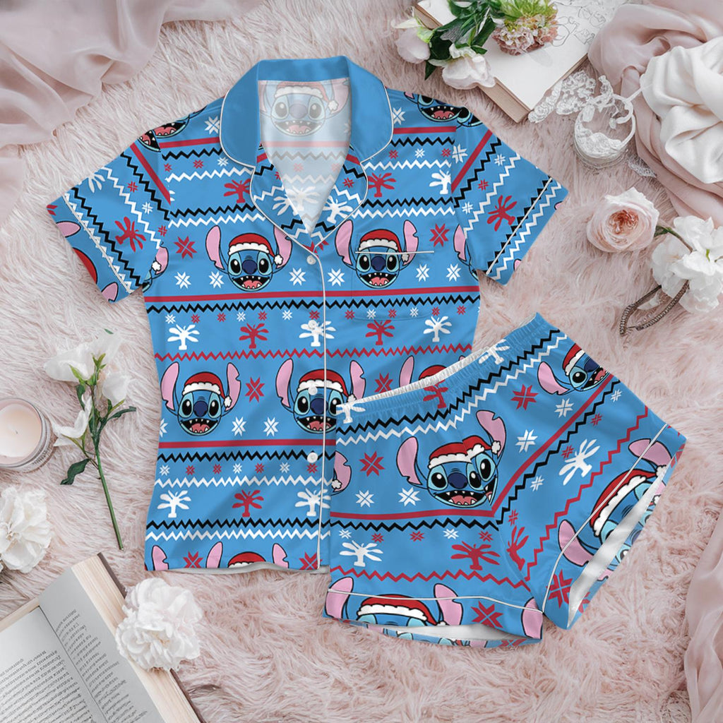 Disney Christmas Stitch Satin Pajamas Set, Ohana Means Family Pjs, Lilo And Stitch Sleepwear, Disney Cartoon Christmas Pajamas