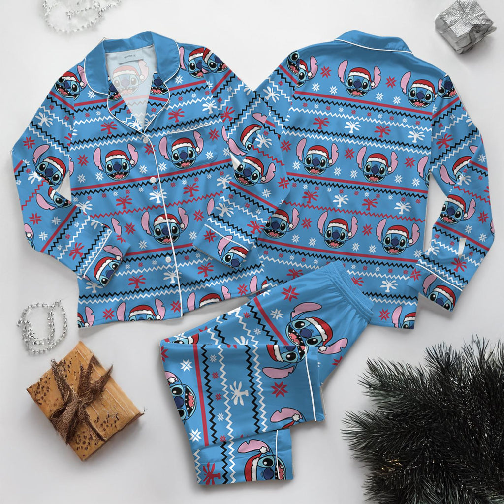 Disney Christmas Stitch Satin Pajamas Set, Ohana Means Family Pjs, Lilo And Stitch Sleepwear, Disney Cartoon Christmas Pajamas