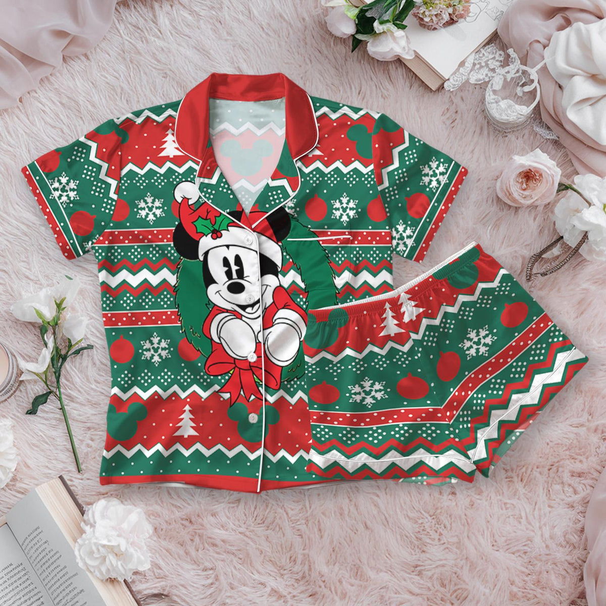 Disney Mickey Mouse Ugly Christmas Satin Pajamas Set, Mickey's Very Merry Christmas Pajamas, Disneyland Xmas Pjs