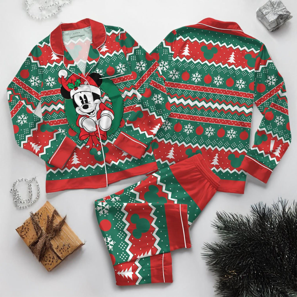 Disney Mickey Mouse Ugly Christmas Satin Pajamas Set, Mickey's Very Merry Christmas Pajamas, Disneyland Xmas Pjs