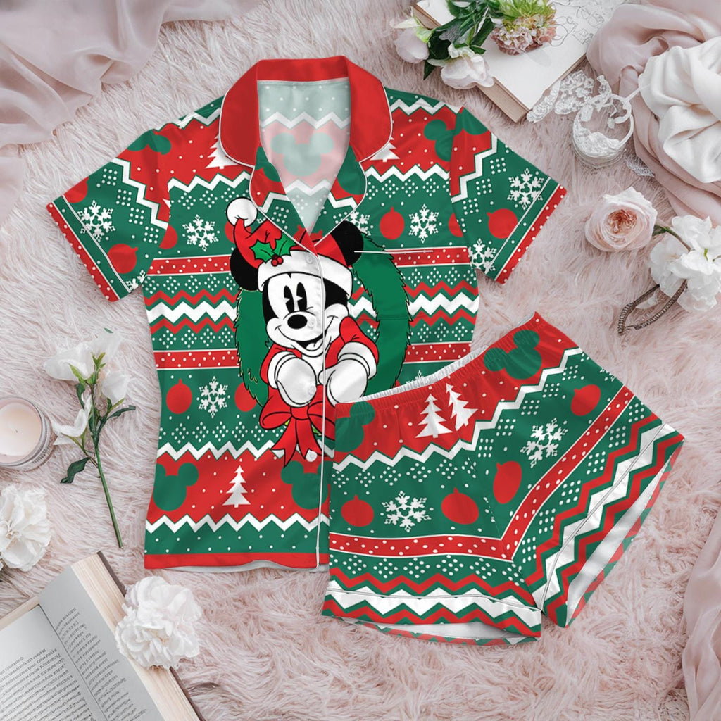 Disney Mickey Mouse Ugly Christmas Satin Pajamas Set, Mickey's Very Merry Christmas Pajamas, Disneyland Xmas Pjs