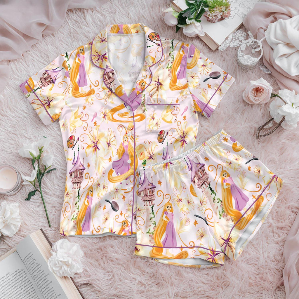 Disney Princess Rapunzel & Rapunzel's Castle Satin Pajamas Set, Disney Princess Tangled Pajamas, Magic Kingdom Disneyland PJs