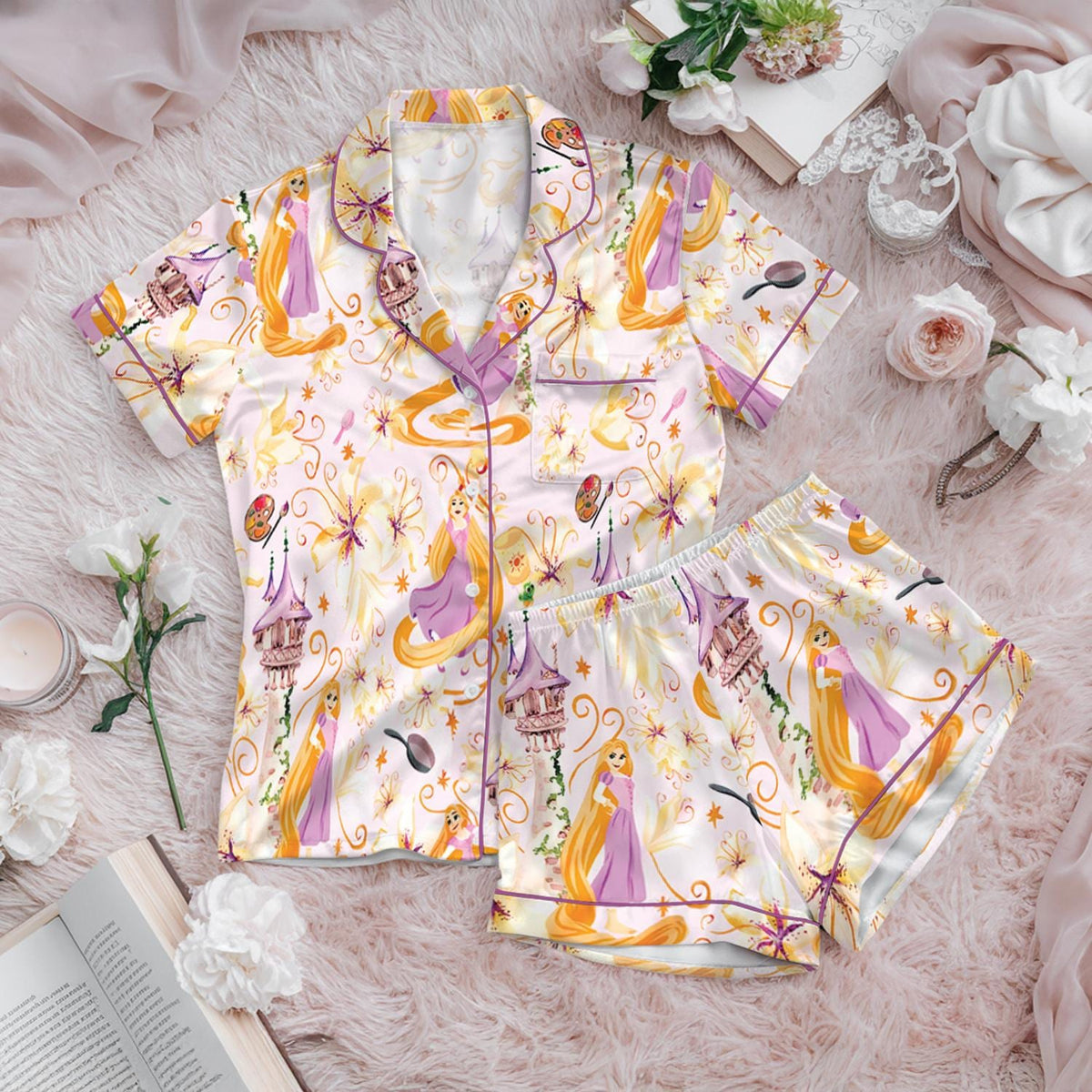 Disney Princess Rapunzel & Rapunzel's Castle Satin Pajamas Set, Disney Princess Tangled Pajamas, Magic Kingdom Disneyland PJs
