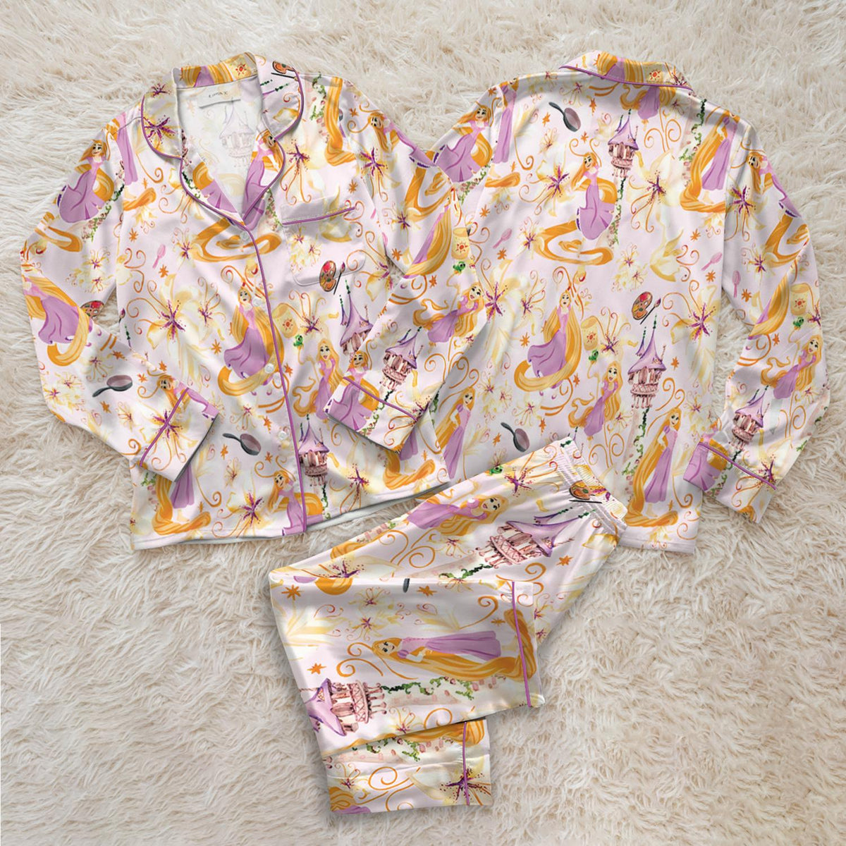 Disney Princess Rapunzel & Rapunzel's Castle Satin Pajamas Set, Disney Princess Tangled Pajamas, Magic Kingdom Disneyland PJs