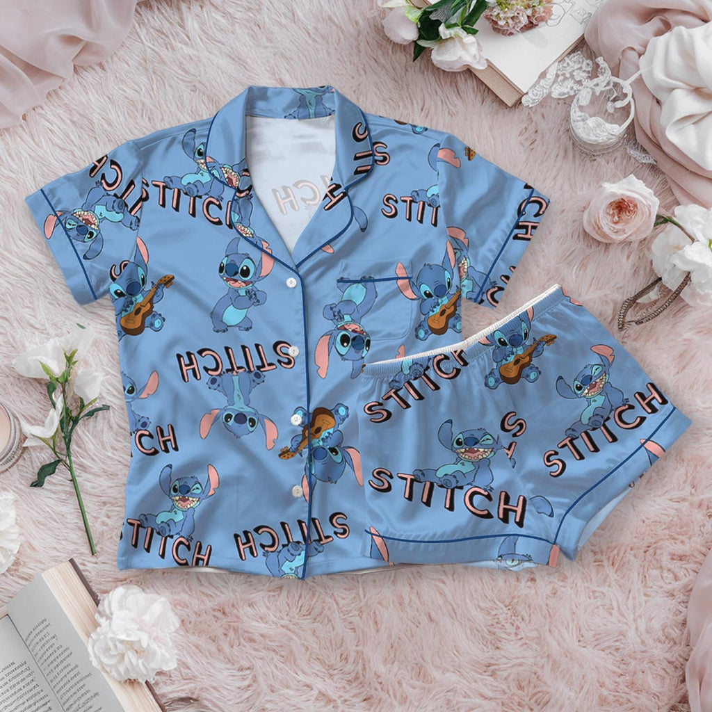 Disney Stitch Dance Vibes Satin Pajama Set, Monster Stitch Pajama, Cartoon Lilo and Stitch Clothes