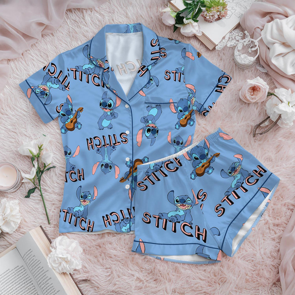 Disney Stitch Dance Vibes Satin Pajama Set, Monster Stitch Pajama, Cartoon Lilo and Stitch Clothes
