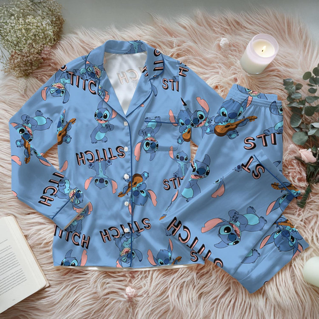 Disney Stitch Dance Vibes Satin Pajama Set, Monster Stitch Pajama, Cartoon Lilo and Stitch Clothes