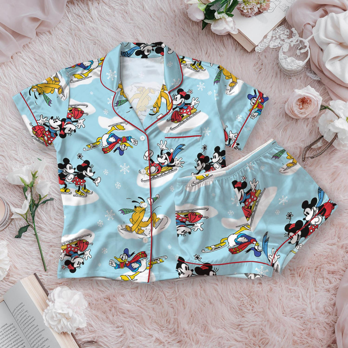 Disney Parks Mickey Mouse & Friends Satin Pajamas Set, Christmas Mickey and Friends Skiing Pajamas, Magic Kingdom Pajamas