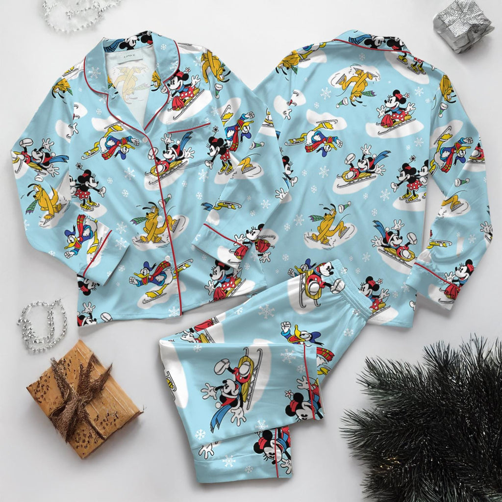 Disney Parks Mickey Mouse & Friends Satin Pajamas Set, Christmas Mickey and Friends Skiing Pajamas, Magic Kingdom Pajamas