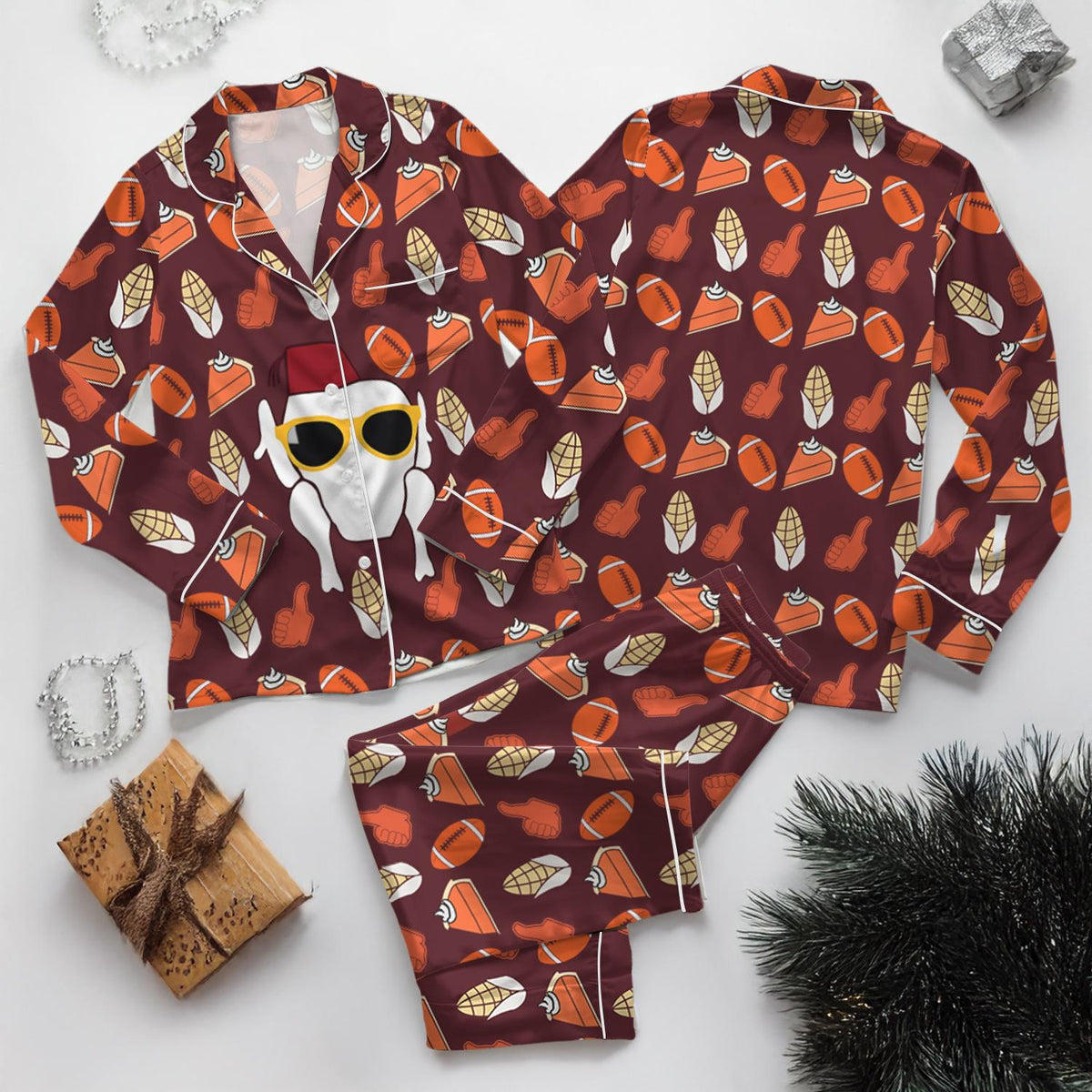 Fun Friends Thanksgiving Satin Pajamas Set, Friends Turkey Thanksgiving Pajamas, Happy Friendsgiving Turkey Shirt