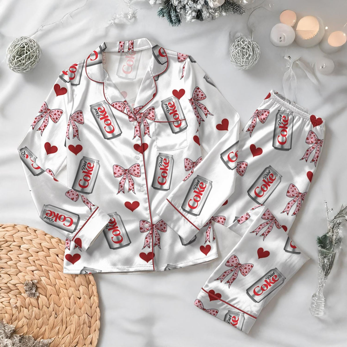 Diet Coke Pajamas Set, Matching Holiday Sleepwear for Women, Diet Coke Lover Gift, Dr Pepper Satin Pajamas, Coquette Diet Pepper Sleepwear
