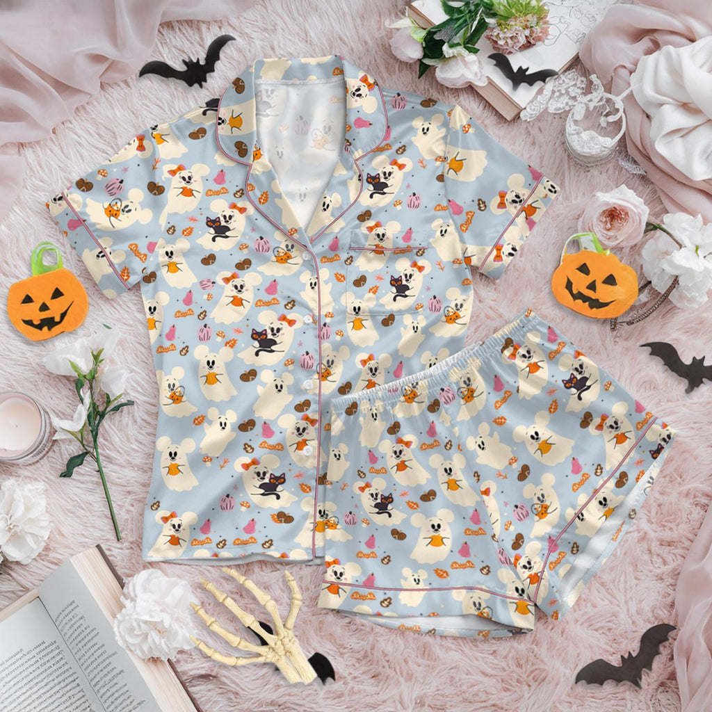 Disney Halloween Pajamas Set, Mickey Ghost Pajamas, Disney Pumpkin Satin PJs, Spooky Matching Sleepwear for Women, Fall Holiday Loungewear