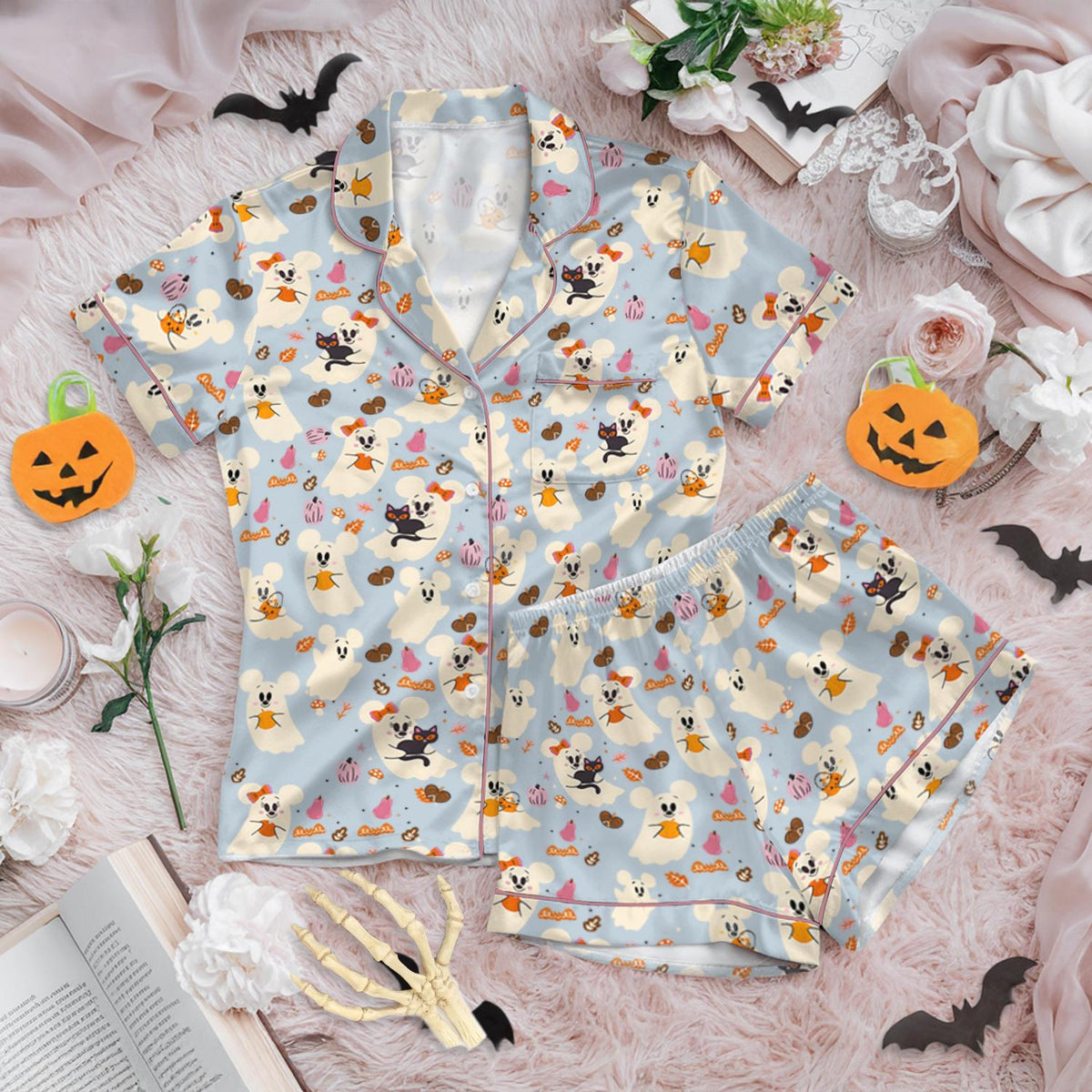 Disney Halloween Pajamas Set, Mickey Ghost Pajamas, Disney Pumpkin Satin PJs, Spooky Matching Sleepwear for Women, Fall Holiday Loungewear