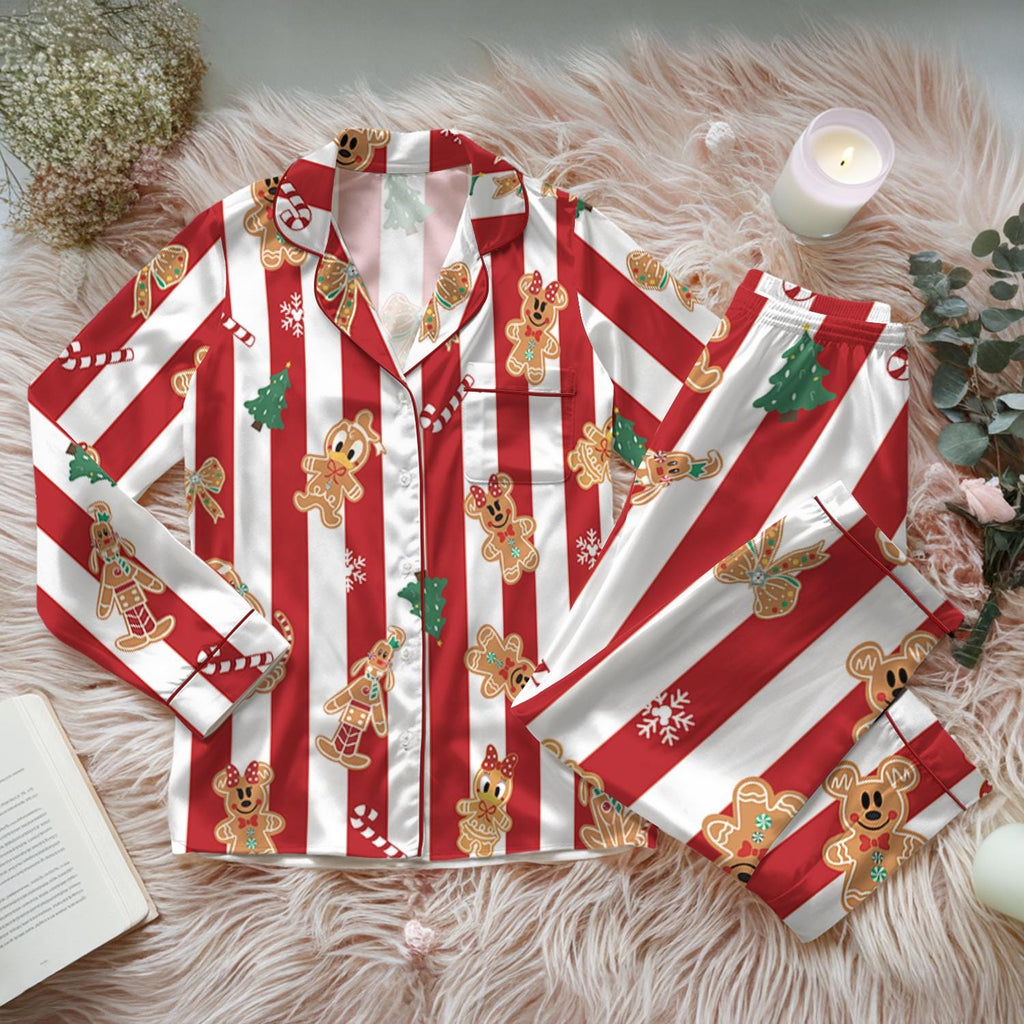 Mickey And Friends Gingerbread Bakery Christmas Pajamas, Disneyland Very Merry Xmas Satin Set, Holiday Family Gift