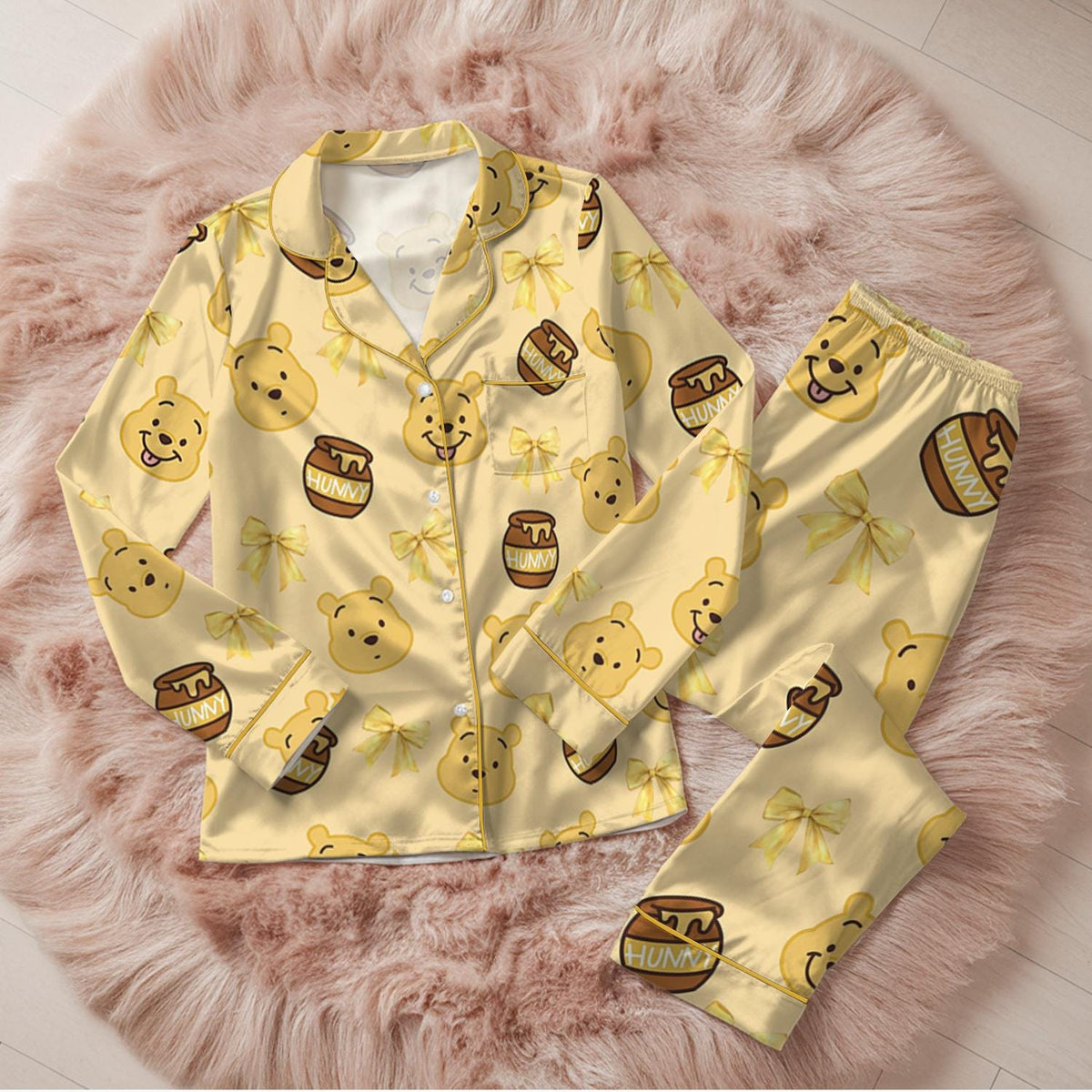 Disney Coquette Pooh Bear Satin Pajamas Set, Winnie the Pooh Loungewear, Retro Disney Pooh Sleepwear