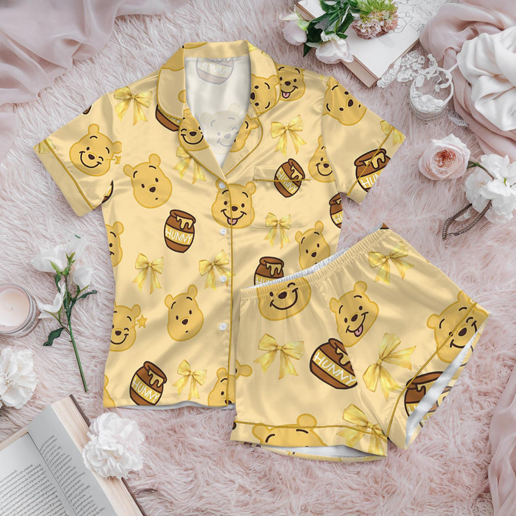 Disney Coquette Pooh Bear Satin Pajamas Set, Winnie the Pooh Loungewear, Retro Disney Pooh Sleepwear