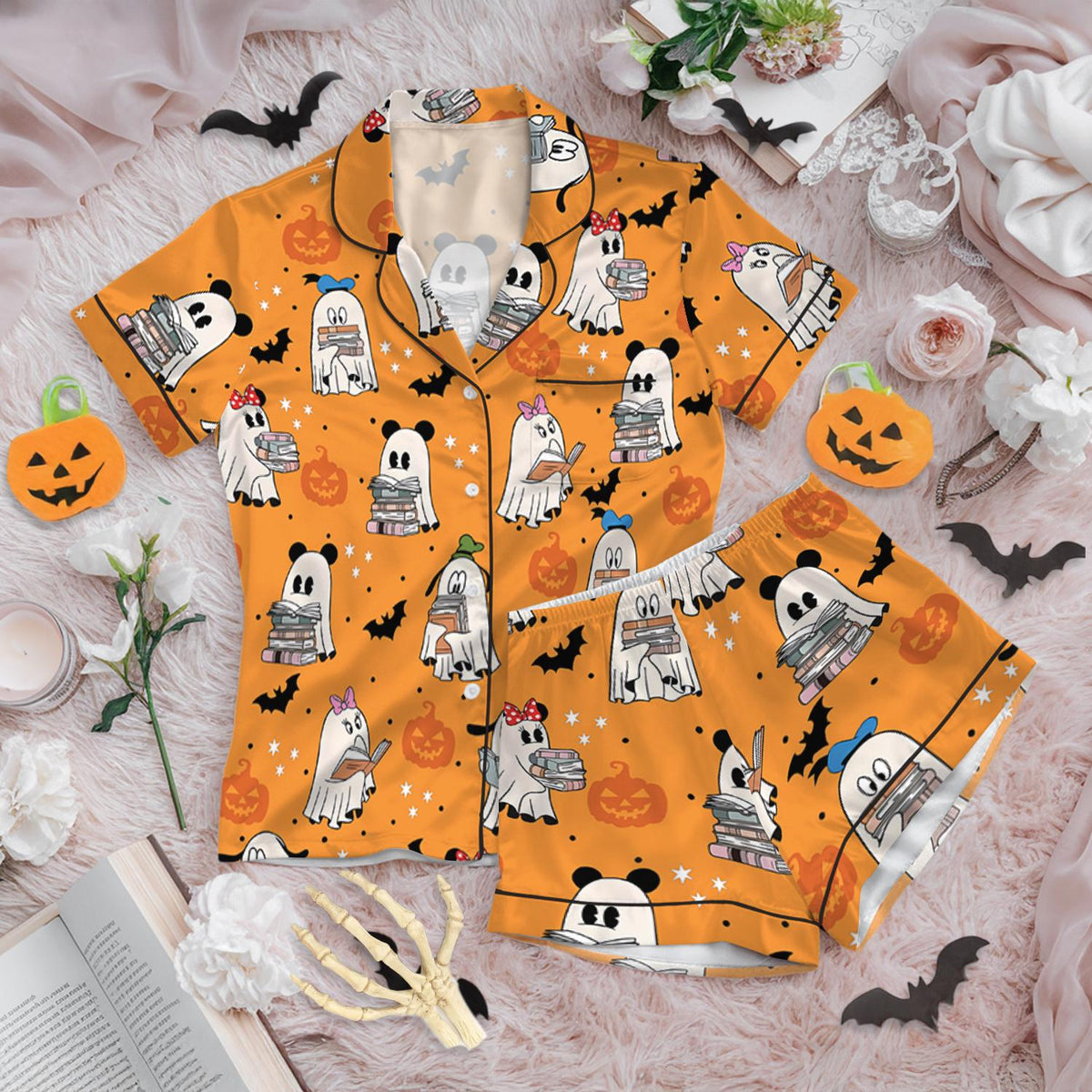 Disney Mickey Minnie Ghost Reading Books Satin Pajamas Set, Bookish Halloween Mickey And Friends, Spooky Season Gift