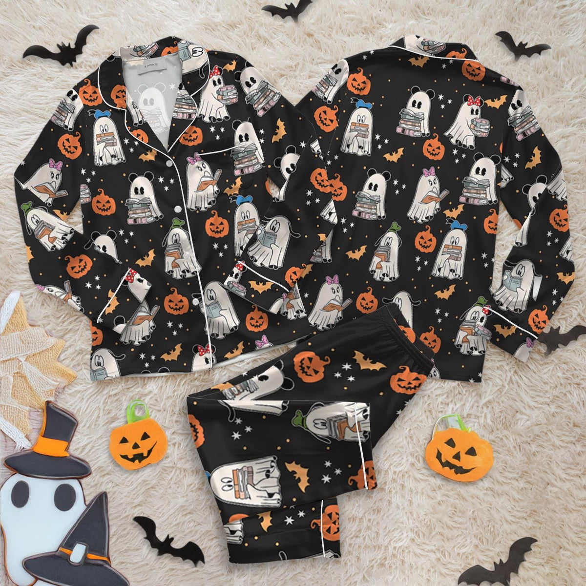 Disney Mickey Minnie Ghost Reading Books Satin Pajamas Set, Bookish Halloween Mickey And Friends, Spooky Season Gift