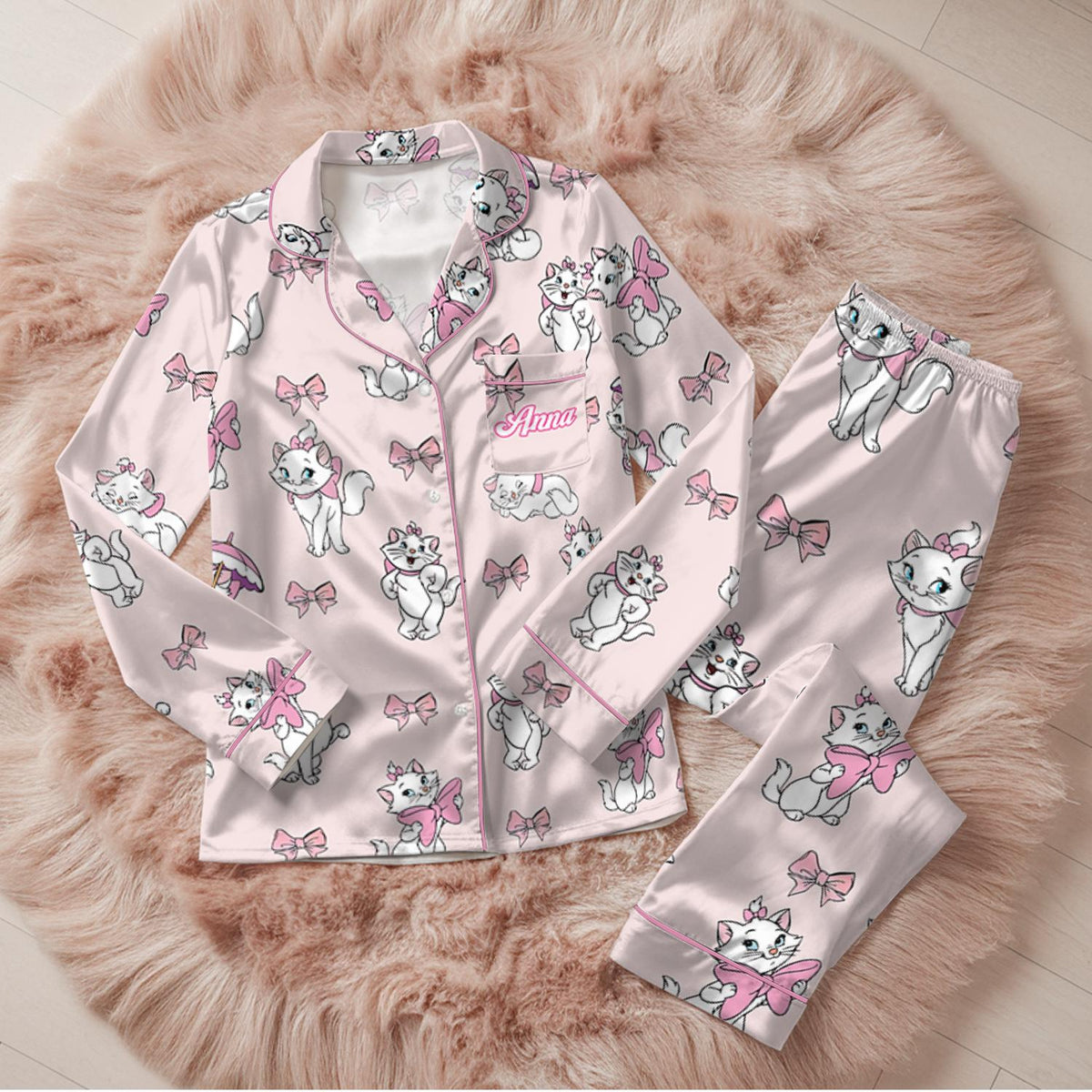 Pink Marie Cat Satin Pajamas Set, Disney The Aristocats Fleece Marie Cat Pajamas, Coquette Bow Cat Lover Loungewear Set