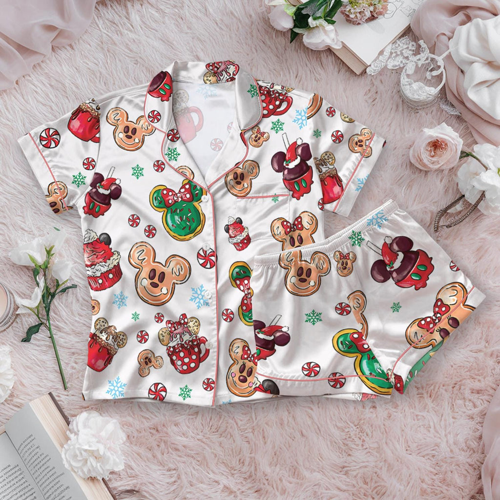 Disney Christmas Mickey Candy Satin Pajamas Set, Mickey Mouse Snacks Pajamas, Disneyland Very Merry Xmas Holiday