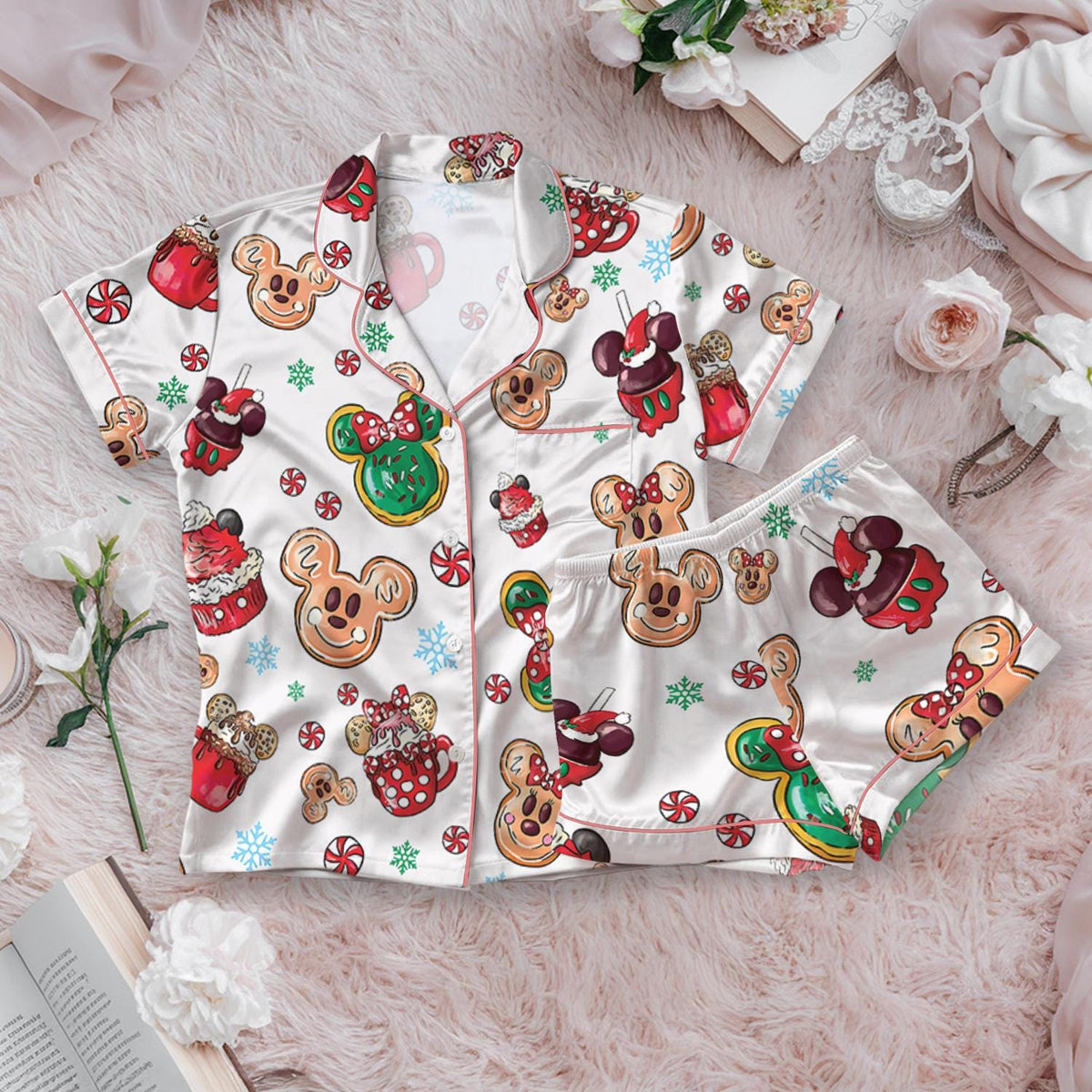 Disney Christmas Mickey Candy Satin Pajamas Set, Mickey Mouse Snacks Pajamas, Disneyland Very Merry Xmas Holiday