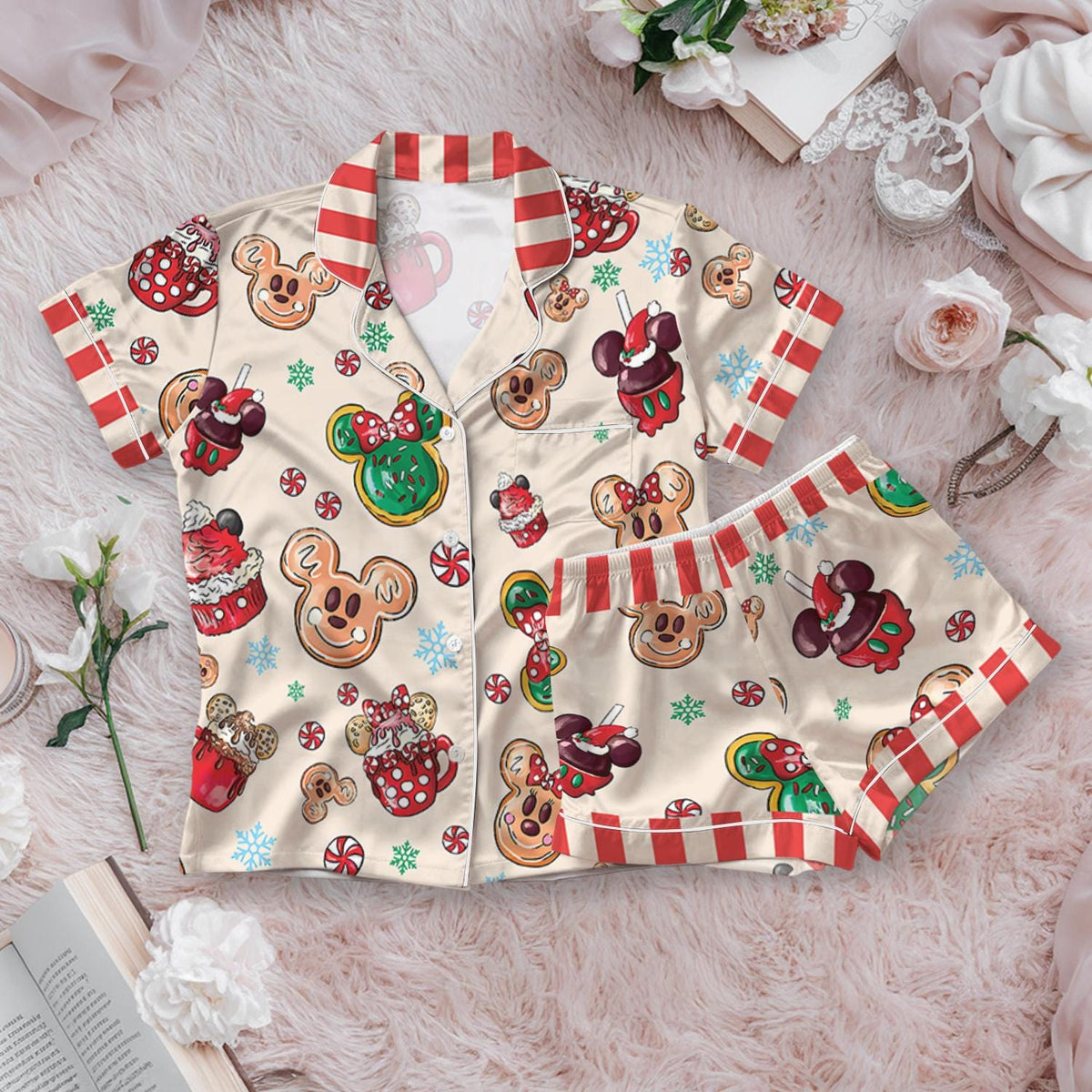 Disney Christmas Mickey Mouse Candy Pajamas Short Set, Mickey Foodie Snacks Pajama, Mickey Very Merry Xmas Pjs