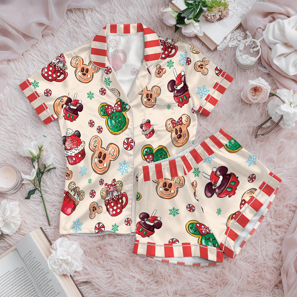 Disney Christmas Mickey Mouse Candy Pajamas Short Set, Mickey Foodie Snacks Pajama, Mickey Very Merry Xmas Pjs